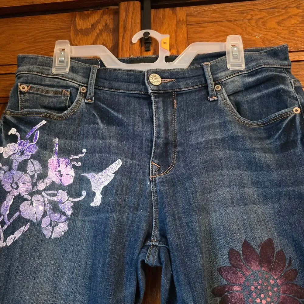 HANDCRAFTED Upcycled Denim Jeans HANDPAINTED Floral Boho Casual Bottoms Size 10
